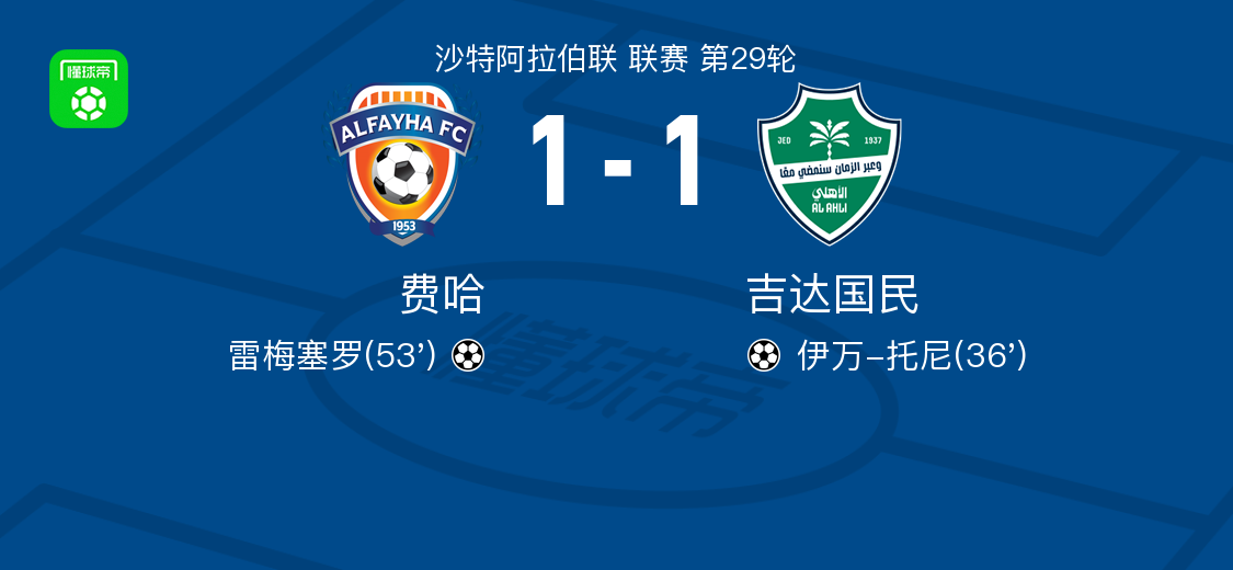 开云中国-费哈1-1吉达国民，伊万-托尼先拔头筹，雷梅塞罗救主